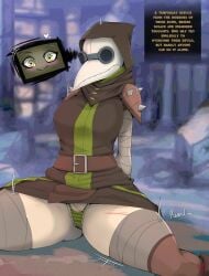 blush boots darkest_dungeon dress english_text female green_eyes green_panties green_thong mask panties plague_doctor plague_doctor_(darkest_dungeon) roadiesky scar striped_panties striped_thong tagme text thick_thighs thighs thong upskirt