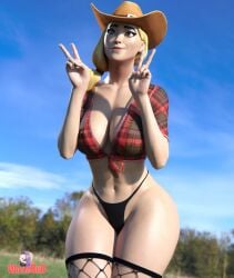 1girls bikini blonde_female blue_sky breasts cowboy_hat fishnets fortnite nose peace_sign rustler thighs wotm8h8