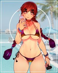 beach bell_collar bikini brown_hair cheunchin huge_breasts long_hair multicolored_hair original original_character purple_hair seaside twin_braids watch water_bottle wristband wristwatch wristwear