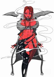 demon_girl huge_breasts long_hair majorspacegoat massive_breasts red_eyes red_hair red_skin smoking thick_thighs thighhighs tight_clothing