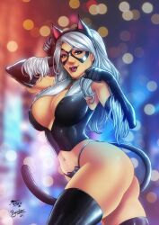 black_cat_(marvel) blue_eyes cat_ears cat_lingerie cat_tail cedric_humbert domino_mask ed_benes_studio felicia_hardy fred_benes huge_breasts long_hair marvel marvel_comics spider-man_(series) voluptuous white_hair