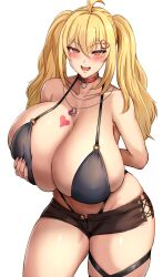 1girls 2022 ahoge arm_behind_back bikini bikini_top black_bikini black_shorts blonde_hair blush booty_shorts breast_tattoo breasts choker cleavage female female_only grabbing_own_breast gyaru hair_ornament haks heart_hair_ornament heart_tattoo hi_res huge_breasts long_hair looking_at_viewer massive_breasts murasaki_nami naughty_face necklace oc orange_eyes original original_character panties png revealing_clothes saaya_(kirome) short_shorts shorts simple_background skindentation smile solo tattoo thick_thighs thigh_strap thighs thong twintails virtual_youtuber white_background