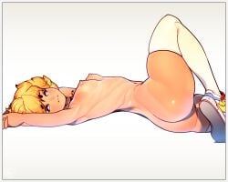 1girls ass blonde_hair cheunchin coco_(cheunchin) lying nude short_hair small_breasts sneakers solo white_background