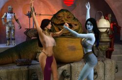 2girls 3d 4boys alien alien_boy alien_girl alien_humanoid athletic athletic_female betrayed_to_jabba black_hair blue-skinned_female blue_skin bossk breast_curtains brown_hair cathryne_(dazinbane) chiss dancer dancer_outfit dancing dazinbane emharet_(dazinbane) female harem harem_girl harem_outfit human humanoid hutt interspecies interspecies_harem jabba_the_hutt light-skinned_female light_skin loincloth long_hair male mature mature_female original_characters protocol_droid red_eyes salacious_crumb see-through see-through_top slave slave_collar slave_outfit slavegirl star_wars trandoshan voluptuous voluptuous_female