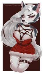 anthro bondage bound canid canid_demon canine canis caramelhooves christmas christmas_clothing clothing cum cum_on_breasts cum_on_face cum_on_thighs demon female goth hellhound helluva_boss hi_res holidays loona_(helluva_boss) mammal sex solo wolf