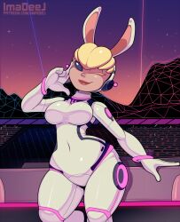 2021 belly_button black_sclera blonde_hair bodysuit bracelet buffy-sugo bunny_ears commission cropped_legs detailed_background eyelashes female female_focus hand_on_own_face imadeej light-skinned_female light_skin medium_breasts one_eye_closed png rocket_league skin_tight solo solo_female solo_focus standing thick_thighs video_games watermark wide_hips wink winking winking_at_viewer