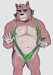 2021 anthro belly blush bulge canid canine canis clothed clothing domestic_dog erection erection_under_clothing genital_outline hi_res humanoid_hands kemono male mammal mankini moobs navel nipples overweight overweight_male penis_outline simple_background solo ujishiyo