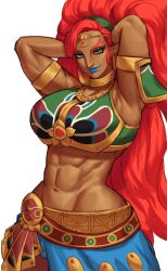 1girls abs arms_behind_head big_breasts blue_lips blue_lipstick breasts breath_of_the_wild dark-skinned_female dark_skin eye_contact female female_only fully_clothed gerudo green_eyes large_breasts lipstick long_hair looking_at_viewer muscular muscular_female nintendo red_hair smile smiling smiling_at_viewer solo solo_female sotcho tagme the_legend_of_zelda toned toned_female urbosa voluptuous white_background