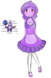 bonzi_buddy cleavage meme moemorphism purple_hair purple_skin purple_skirt red_eyes shi-long-lang shoes text vinesauce vinesauce_reference