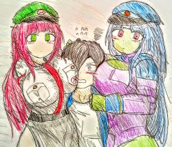 1boy 2021 2girls :/ :o abigail_(metal_slug) alien alien_girl alternate_breast_size armor black_hair black_skirt blue_hair blush breasts_on_face breasts_on_head clenched_teeth clone_abby_(metal_slug) couple female green_body green_eyes green_skin head_grab hi_res huge_breasts light-skinned_female light-skinned_male long_hair looking_at_viewer male metal_slug metal_slug_attack military military_hat military_jacket multiple_girls necktie pink_hair purple_armor red_necktie robot robot_girl sanada_donpachi seductive short_hair short_skirt sketch skirt snk trevor_spacey