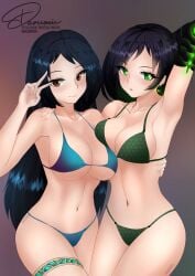 2girls alternate_version_available bikini bikini_bottom bikini_top black_hair blue_bikini brown_eyes dark_blue_hair darumin4 gloves green_bikini green_eyes long_hair matching_outfit peace_sign sage_(valorant) short_hair valorant viper_(valorant) yuri