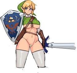 1girls blonde_hair blue_eyes breasts female g-string genderswap ineffective_clothing latex link master_sword nisetanaqa rule_63 shield skimpy sword the_legend_of_zelda thick_thighs thighhighs underboob