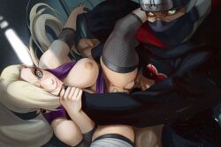 1girls akatsuki_(naruto) blonde_hair breasts choking clothed_sex clothing cum forced green_eyes hair_over_one_eye high-angle_view high_res high_resolution highres ino_yamanaka kakuzu large_breasts long_hair missionary_position naruto naruto_shippuden noblood pubic_hair rape realistic
