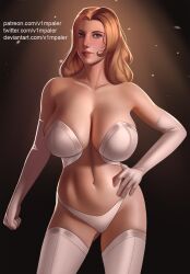 blonde_hair blue_eyes emma_frost huge_breasts long_gloves marvel marvel_comics revealing_clothes thighhighs thong v1mpaler voluptuous x-men