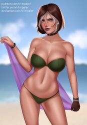 1girls anna_marie beach bikini bracelet brown_hair cleavage collar female female_only green_eyes large_breasts looking_at_viewer marvel marvel_comics multicolored_hair one_glove outside rogue_(evolution) rogue_(x-men) seaside solo v1mpaler veil voluptuous white_hair x-men x-men_evolution