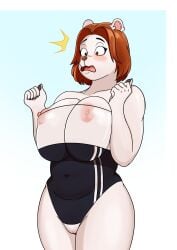 absurd_res anthro areola areola_slip big_breasts blush breast_squish breasts brown_eyes brown_hair clothing female fur genitals gris_swimsuit hair hi_res mammal meme meme_clothing nipple_slip nipples one-piece_swimsuit original_character_do_not_steal pink_areola pink_nipples pussy reverse_gris_swimsuit shocked shocked_expression short_hair simple_background slightly_chubby solo squish swimwear translucent translucent_clothing translucent_swimwear ursid ursine vinzzyart white_body white_fur