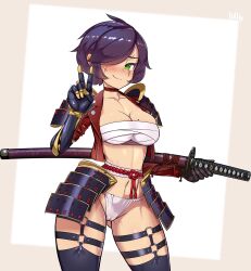 1girls alternate_costume alternate_version_available amputated_arm amputee armor bikini blush breasts cameltoe faulds female female_focus female_only fundoshi green_eyes katana lilly mechanical_arm nisetanaqa open_jacket original original_character pauldrons purple_hair robotic_arm rope_belt samurai sarashi scar sheathed_weapon short_hair smile solo sword tagme thick_thighs thighhighs wrapped