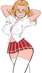 1girls alternate_version_available arms_behind_head big_breasts blonde_hair bottomless bottomless_skirt breasts female female_only freckles glasses going_commando green_eyes microskirt miniskirt nisetanaqa no_panties red_skirt school_uniform skimpy skirt solo tagme thighhighs twintails unbuttoned_shirt white_legwear wide_hips