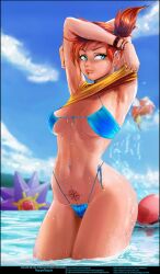 abs armpits arms_up asymmetrical_hair bangs bare_legs beach bikini blue_bikini blue_eyes blue_swimsuit blush breasts cowboy_shot creatures_(company) ear_piercing eyelashes female floppyflapjax game_freak gen_1_pokemon gym_leader hair_tie highres kasumi_(pokemon) legs magikarp medium_breasts misty_(pokemon) muscular navel navel_piercing nintendo orange_hair piercing pokemon pokemon_(anime) pokemon_(game) pokemon_rgby ponytail red_hair shirt short_hair side_ponytail smooth_skin solo spread_legs starmie swimsuit tattoo thighs tied_hair water wet yellow_shirt