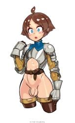 1boy alternate_costume alternate_version_available armor balls blue_eyes blush bottomless brown_hair femboy girly male male_only medieval_armour nisetanaqa original penis squire_boy_(nisetanaqa) thick_thighs thighhighs wide_hips