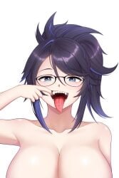 1girls big_breasts black_hair blue_eyes blue_streaks breasts eyebrows_visible_through_hair fangs female female_only finger_in_mouth glasses indie_virtual_youtuber kson_onair light-skinned_female mole_under_eye open_mouth saliva solo tongue_out tongue_piercing upper_body virtual_youtuber vshojo white_background yisusjpl