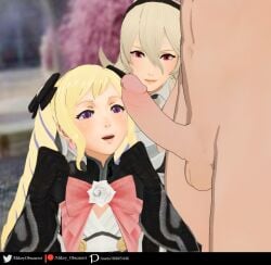 2girls 3d big_penis blonde_hair coaching corrin_(fire_emblem) corrin_(fire_emblem)_(female) elise_(fire_emblem) female_focus fire_emblem fire_emblem_fates imminent_fellatio imminent_oral long_hair looking_at_penis mikey_obscurest multiple_girls nintendo open_mouth penis_awe purple_eyes red_eyes smile twintails