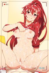 after_sex ass blush breasts cum cum_in_pussy cum_inside elesis_(elsword) elsword highres long_hair nipples pussy red_hair sitting sollyz sweater uncensored