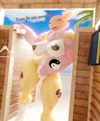 3d anthro anthro_only bandai_namco beach digimon dressing_room female furry large_breasts looking_at_viewer naked nipples pussy_juice renamon thick_thighs tradelt wide_hips