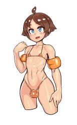 1boy bikini bikini_bottom bikini_top blue_eyes blush brown_hair bulge bulge_through_clothing femboy girly male_focus male_only nisetanaqa open_mouth orange_bikini original penis smile squire_boy_(nisetanaqa) tagme