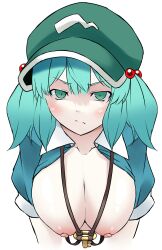 absurdres areolae blue_eyes blue_hair blush breasts cleavage closed_mouth collarbone eyebrows_visible_through_hair female green_headwear hair_bobbles hair_ornament hat highres kagiyama_pandra large_breasts looking_at_viewer nipples nitori_kawashiro short_hair short_sleeves short_twintails sketch solo touhou twintails upper_body