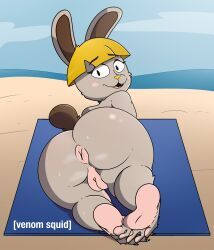 animal_crossing anthro anus ass blonde_hair bonbon_(animal_crossing) feet female fur furry furry_only gray_fur hi_res looking_at_viewer looking_back naked nintendo nude pussy rabbit rear_view sweat tail thick_thighs venomsquid