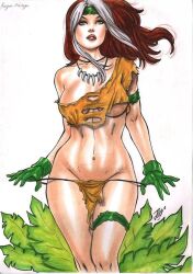 1girls anna_marie brown_hair female female_only gloves green_eyes hourglass_figure joe_lima large_breasts loincloth long_hair marvel marvel_comics multicolored_hair rogue_(x-men) savage_land solo torn_clothes voluptuous white_hair x-men