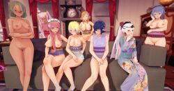 1boy 3d 6+girls 7girls alfonse_(fire_emblem) blonde_hair blue_hair blush bottomless breasts casual_nudity clothed_female_nude_female clothed_male_nude_female completely_nude completely_nude_female covering_crotch eir_(fire_emblem) embarrassed embarrassed_nude_female embarrassed_nude_male female fire_emblem fire_emblem_heroes fjorm_(fire_emblem) green_hair gunnthra_(fire_emblem) human kimono koikatsu laegjarn_(fire_emblem) laevatein_(fire_emblem) long_hair male naked navel nintendo nipples nude nude_female pink_hair poly_(artist) ponytail pubes pubic_hair pussy reginn_(fire_emblem) sharena_(fire_emblem) short_hair smile smiling sofa topless twintails white_hair