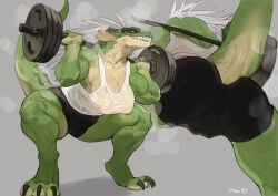 2022 2d anthro ass bebebebebe biped bodily_fluids bottomwear breasts cameltoe claws clenched_teeth clothed clothing dinosaur_teacher_(bebebebebe) exercise female finger_claws green_body green_scales hair hi_res low-angle_view muscular muscular_anthro muscular_female musk nipples reptile scales scalie scalie_female scalie_only sharp_teeth shirt shorts simple_background solo sweat tan_body tan_scales tank_top teeth toe_claws topwear weightlifting white_hair workout