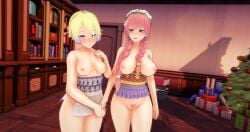 2girls 3d blonde_hair blue_eyes blush bottomless breasts casual_nudity embarrassed embarrassed_nude_female female female_only fire_emblem fire_emblem_heroes fjorm_(fire_emblem) functionally_nude gunnthra_(fire_emblem) heart-shaped_pubic_hair holding_hands human kimono koikatsu nintendo nipples pink_hair pink_pubic_hair poly_(artist) ponytail pubes pubic_hair pussy short_hair topless