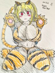 1girls 2022 :p blonde_hair blush female female_focus female_only huge_breasts jane_doe_(metal_slug) looking_at_viewer metal_slug metal_slug_attack new_year open_mouth red_eyes sanada_donpachi seductive sitting snk thick_thighs tiger_ears tiger_print zombie zombie_girl