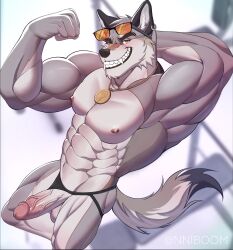 abs alexaboom anthro balls biceps biped black_clothing black_underwear canid canine canis clothing clothing_aside ear_piercing ear_ring eyewear eyewear_on_head fangs fingers flexing fur genitals grey_body grey_fur hi_res inside jewelry looking_at_viewer male mammal necklace nipples orange_eyes pecs penis piercing ring_piercing solo solo_focus standing sunglasses sunglasses_on_head tail teeth triceps tuft underwear underwear_aside vein veiny_penis white_body white_fur wolf