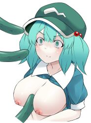 absurdres areolae blue_eyes blue_hair blush breasts cleavage closed_mouth constricted_pupils cucumber drooling eyebrows_visible_through_hair female green_headwear hair_bobbles hair_ornament hat highres kagiyama_pandra large_breasts looking_away nipples nitori_kawashiro sexually_suggestive short_hair short_sleeves short_twintails simulated_paizuri solo touhou twintails upper_body