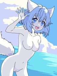 animal_ears blue_hair happy nude outside smile smiling tagme virtual_youtuber white_fur wolfychu youtube youtuber