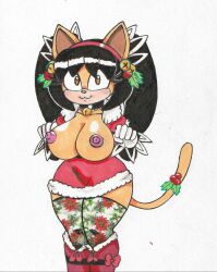 1girls 2020 4:5 5_fingers alternate_costume amber_eyes anthro bell bell_collar black_hair breasts christmas domestic_cat feline female female_focus female_only floral_print furry gloves hairband hand_drawn headband honey_the_cat large_breasts long_hair mistletoe nipples pencil_(artwork) santa_costume sega solo sonic_(series) sonic_the_fighters sonic_the_hedgehog_(series) tail thighhighs traditional_media_(artwork) twintails vampiricpig yellow_fur