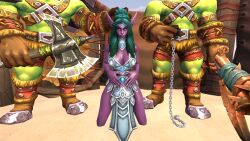 1girls 2boys alliance_loses alliance_slave axe beach bronzar_gobletus chains cheating choker clothing female green_hair green_skin gun horde horde_(warcraft) horde_domination kneeling large_breasts looking_at_viewer male night_elf orc orc_(warcraft) orc_male orced purple_skin tagme tyrande_whisperwind weapon world_of_warcraft