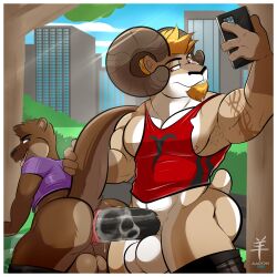 aaron_(artist) anal anal_sex anthro balls big_balls big_penis bighorn_sheep black_hair black_hair_bottom border bottomwear bovid brown_body brown_fur caprine cellphone clothed clothing domination duo fur furry furry_only gay genitals hi_res horn light_hair_on_dark_hair looking_at_another looking_at_partner lutrine male male/male mammal muscular muscular_anthro muscular_male mustelid outside_sex partially_clothed penetration penile penile_penetration penis penis_in_ass phone rammy_aaron red_hair red_hair_on_black_hair red_hair_top sheep shirt shorts shorts_down size_difference tank_top topwear white_border yaoi