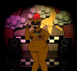 animatronic anthro beanie big_breasts biggie_cheese biggie_freddy breasts brown_nipples clothing eyewear female five_nights_at_freddy's freddy_(fnaf) genitals glasses hat headgear headwear jewelry mammal microphone nipples obese obese_anthro obese_female overweight overweight_anthro overweight_female scottgames solo swag ursid video_games wide_hips