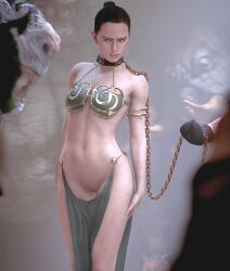 3d chained chains dark_hair half_naked hutt jabba_the_hutt loincloth no_panties pussy rey shaved_pussy slave slave_bikini slave_collar slave_leia_(cosplay) slavegirl star_wars uncensored