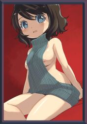 animated blinking blue_eyes bouncing_breasts breasts brown_hair looking_at_viewer muramasa_mikado murana_(muramasa_mikado) nipples virgin_killer_sweater