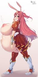 armor big_breasts blush boots bunny_ears bunny_girl excessive_lactation female female_only full_body gigantic_breasts huge_belly huge_breasts hyper hyper_belly hyper_pregnancy lactation large_areolae long_hair looking_at_viewer no_bra open_clothes original pink_eyes pink_hair pleated_skirt pregnant puffy_sleeves short_sleeves smile solo space_cuyo standing thighhighs tied_hair