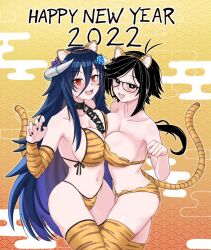 2022 2girls animal_ears animal_print asymmetrical_docking bikini black_eyes black_hair blue_hair breast_press breasts broken_horn chinese_zodiac claw_pose cleavage commentary detached_sleeves english_commentary female hair_between_eyes highres horns indie_virtual_youtuber kuon_bb_(kuonr18/epijbp) large_breasts light-skinned_female light_skin long_hair low_ponytail midriff multiple_girls navel open_hand original oumiya_emma prism_project red_eyes smile swimsuit tail thighhighs tiger_ears tiger_print tiger_tail uni_(unexistarts) very_long_hair virtual_youtuber x_x year_of_the_tiger