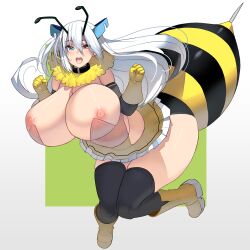 antennae bare_shoulders bee_girl black_legwear black_thighhighs boots breasts collar curvaceous curvy elbow_gloves female female_only frilled_skirt full_body fur_collar gloves hair_between_eyes hair_ornament headgear heterochromia huge_breasts long_hair looking_at_viewer masao miniskirt open_mouth original plump pointless_clothing smile solo thighhighs tia_zohvt white_hair wide_hips zettai_ryouiki