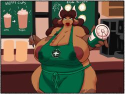 2021 4:3 absurd_res apron barista belly big_breasts bodily_fluids bovid bovine breasts brewheardt cattle clothing coffee_cup container cup english_text hi_res iced_latte_with_breast_milk lactating lactating_through_clothing lips mammal maybel meme milk nipple_outline nipples text wet_clothing wide_hips