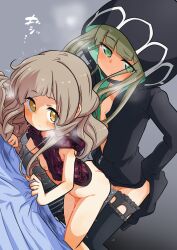 1boy 1girls ass blonde_hair blush breasts brown_hair censored closed_mouth dress dress_shirt dutch_angle erection female female_penetrated femboy femboy/female femboy_on_female femboydom femsub from_behind green_eyes gretel_(sinoalice) lifted_shirt long_ears looking_at_viewer lukeskytera male male_penetrating male_penetrating_female maledom nipples pale_skin penetration penis red_riding_hood_(sinoalice) sex sinoalice straight sweat thighhighs yellow_eyes